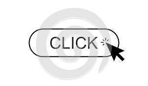 Black and white vector rounded tap button with the inscription Click here and a black mouse cursor icon. Internet symbol isolated