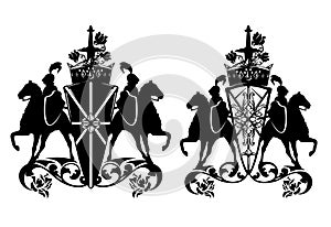 Black and white vector royal heraldry with rose flowers, shield, sword, crown and knight horse riders