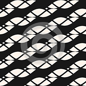 Black and white vector seamless pattern with diagonal ropes, twisted shapes