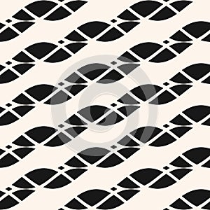 Black and white vector seamless pattern with diagonal ropes, , twisted threads, stripes, curved shapes.