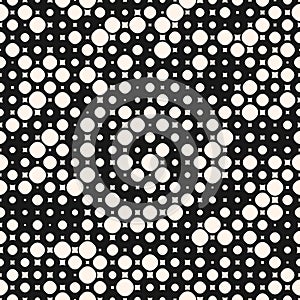 Black and white vector seamless pattern with small halftone circles, squares