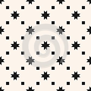 Black and white vector seamless pattern with stars, flower shapes, small squares