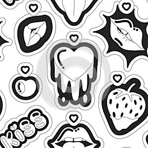 Black and white vector seamless pattern of strawberry, heart, kiss, lips. Love and passion. Playful, fun design with