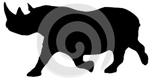 Black and white vector silhouette of an adult rhinoceros.