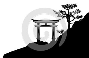 Black and white vector silhouette background of japanese torii gate on rocky pine cliff