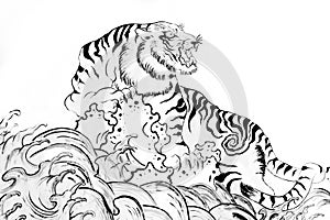 Black and white vector sketch of a growling tiger
