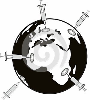 Illustration: Vaccine syringes vaccinate the entire planet Earth. The concept of global vaccination, immunization.