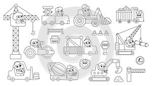 Black and white vector special transport set with drivers. Construction site, road work, transport line icons, coloring page with
