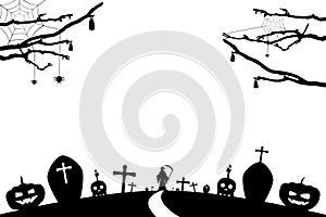 Black and white vector of a spooky Halloween graveyard