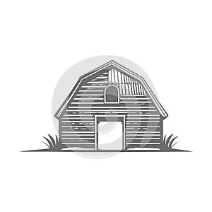 Black and white vector style illustration of a rustic barn
