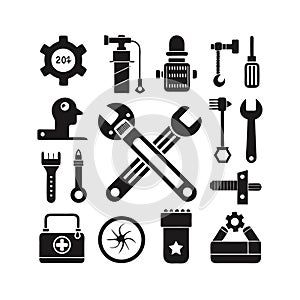 Black silhouette vector illustration of tools and equipment set