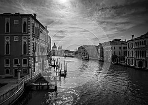 Black and white Venice. View of the old town and the Grand Canal from the Akademiya bridge. Italy. Veneto