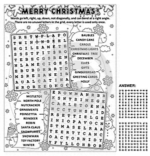 Black and white version of Christmas wordsearch puzzle