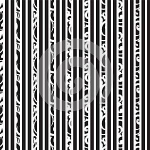 Black white vertical striped and curl style pattern background