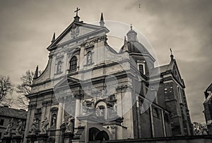 Black and white view of baroque Church of St Peter and Paul in Krakow, Poland