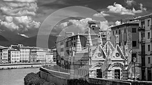 Black and white view of the beautiful Church of Santa Maria della Spina on the Lungarno of Pisa, Tuscany, Italy