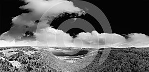 Black and White view of Columbia River Gorge in Oregon, panoramic aerial view