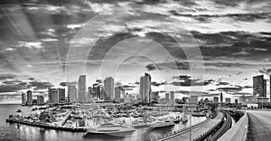 Black and white view of Downtown Miami. Panoramic shot from Port