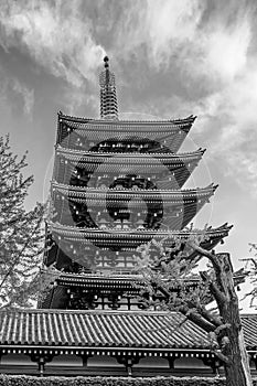 Black and white view of the five-story pagoda of the Senso-ji Temple in Tokyo, Japan