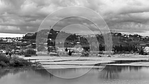 Black and white view of the flooding in San Miniato, Pisa, Tuscany, Italy