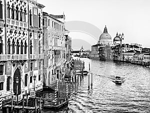 Black and white View of the Grand Canal and Basilica Santa Maria della Salute from the Ponte dell`Accademia in Venice, Italy