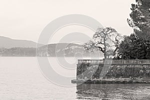 A black and white view of Lago Maggiore, Italy