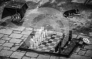 Black and white view on the main square from the lighthouse, Colonia del Scramento, Uruguay photo