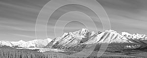 Black and white view of Matanuska glacier at the base of the Chugach Mountain Range near Palmer Alaska USA