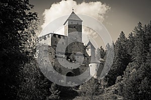 Black and white view of medieval castle in Campo Tures