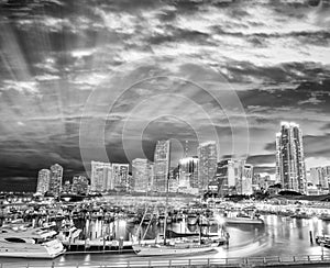 Black and white view of Miami night skyline, Florida
