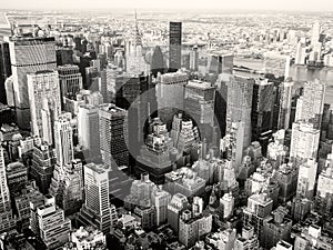 Black and white view of New York City including the Chrysler Bui