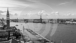 Black and white view over Venice Italy Europe. Venice from above with a drone. aerial view over the beautiful city of Venice Italy