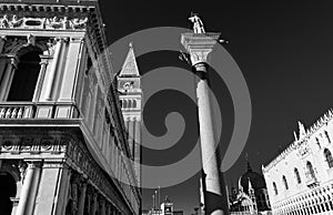 Black and white view of San Marco place with campanile and deep sky