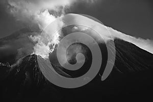 Black and white view of the Santiaguito and Santa Maria volcanoes photo