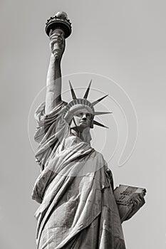 Black and white view of Statue of Liberty, New York City