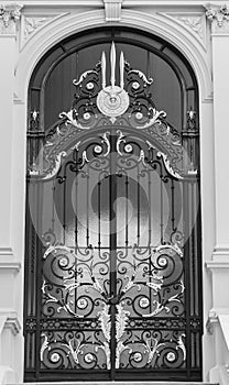 Black and white view of steel classic door in Europe style