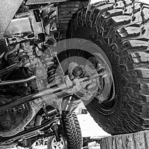 Black and white view from under a car. Close-up view of a car's