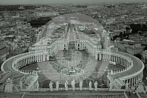 Black and white view of Vatican showing St. Peter`s Square