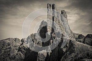 Black and white view of Violet towers (Torri del Vajolet) in Val di Fassa