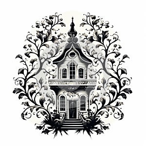 Black And White Vintage Ethereal Art House And Trees Vector Set