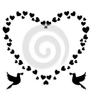 Black and white vintage heart shaped border of hearts with loving doves silhouette