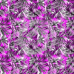 Black, white and viva magenta colors tropical seamless print for fashion textile and wallpaper with coconut and fan-leaved palm le