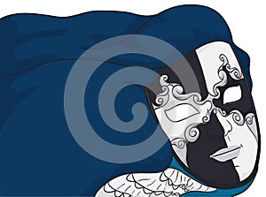 Black and white Volto mask with blue cape, Vector illustration photo