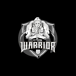 Black and white warrior with sword character vector badge logo template