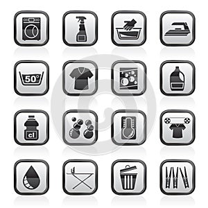 Black and white washing machine and laundry icons