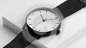 Black and white watch with a white face sits on a white surface