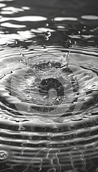 Black and white water splash with a single drop of water creating a crown shape