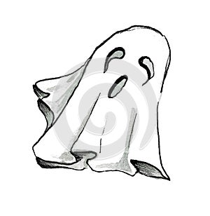 black and white watercolor image of a frightening cartoon ghost