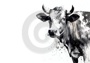 Black and white watercolor painting of a cow on a white background. Farm animals