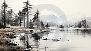 Black And White Watercolor Painting Of Pine Trees By The Lake